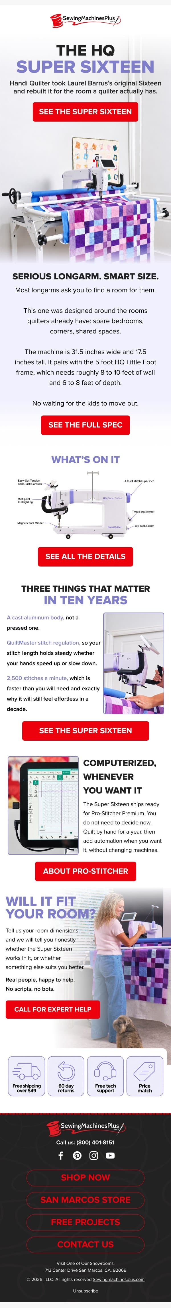 NEW from Handi Quilter. Stop wrestling your quilts. email from Sewing Machines Plus screenshot