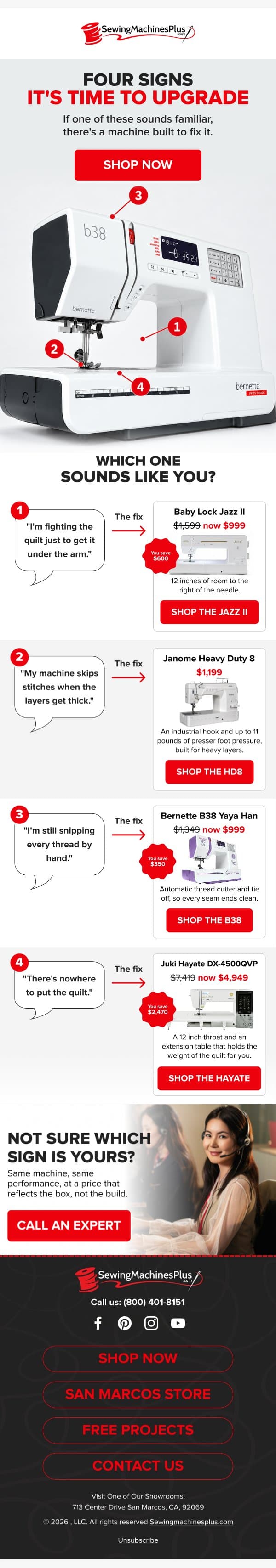 Is Your Machine Holding You Back? email from Sewing Machines Plus screenshot