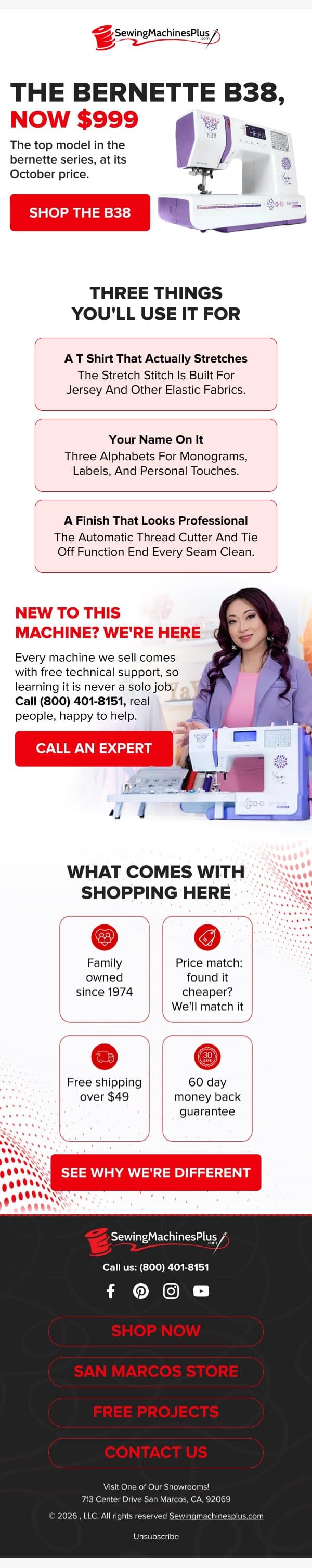 Save $350 on the Bernette B38 Yaya Han Edition email from Sewing Machines Plus screenshot