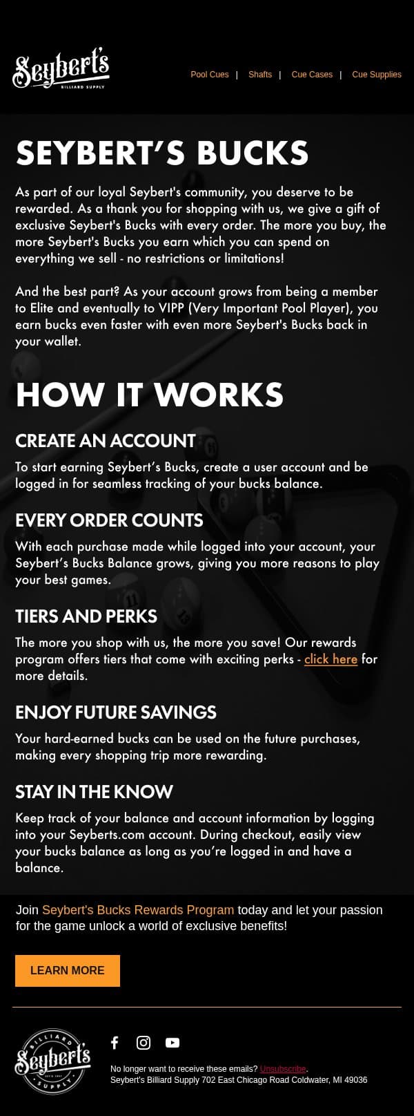 Start earning Seybert's Bucks today! email from Seyberts screenshot
