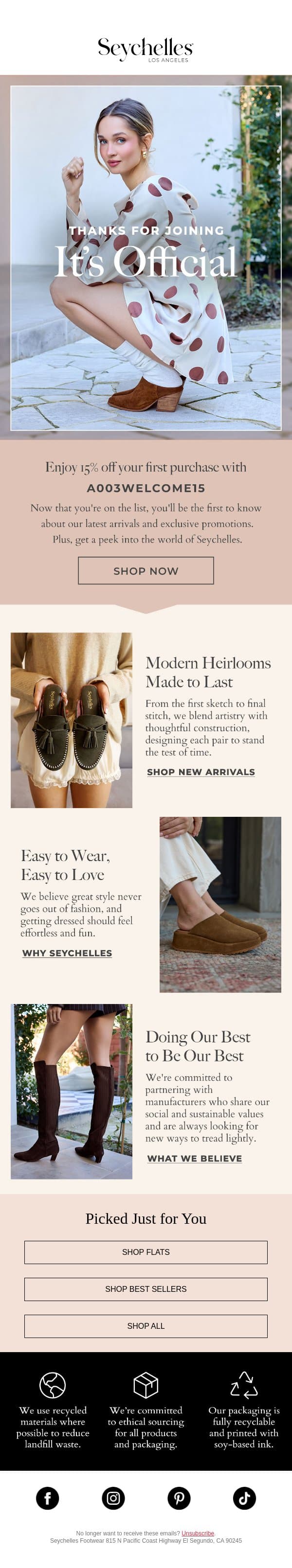 Here’s Your 15% Off Code email from Seychelles Footwear screenshot