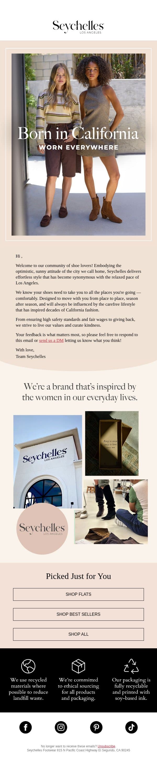 Welcome to Seychelles email from Seychelles Footwear screenshot