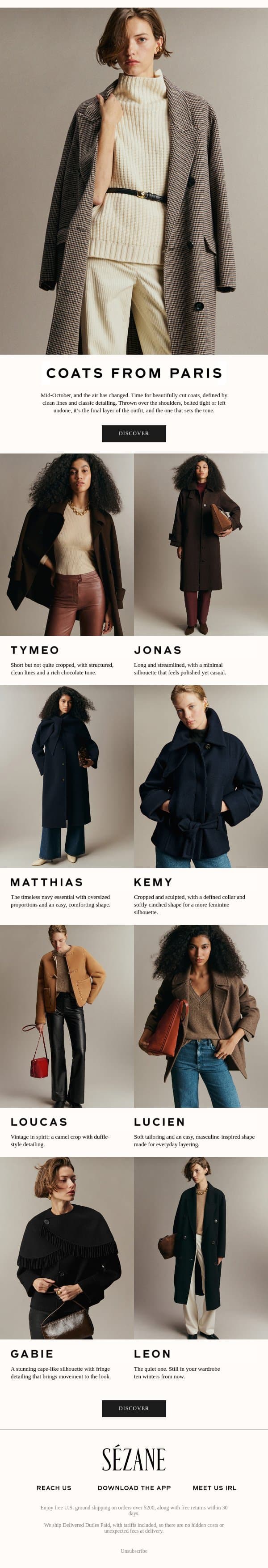The Coats of F/W '26 email from Sezane screenshot