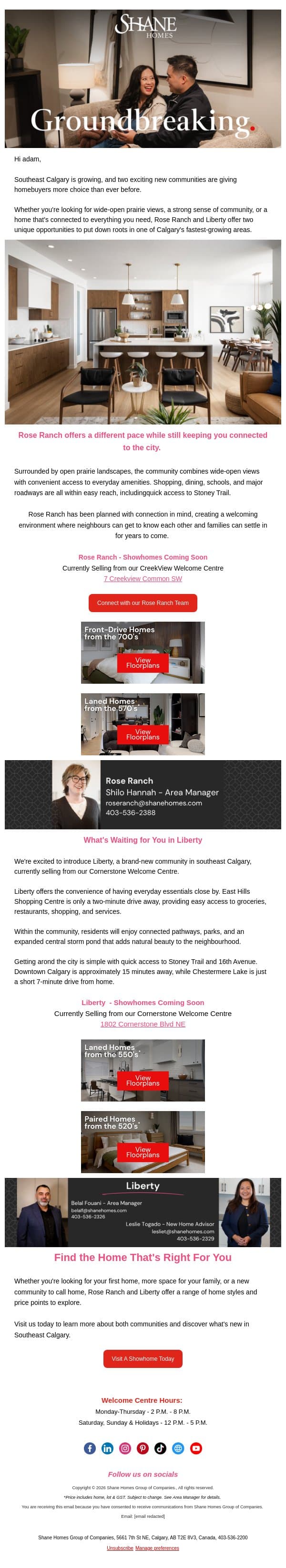 New Communities. New Possibilities in Southeast Calgary. email from Shane Homes screenshot