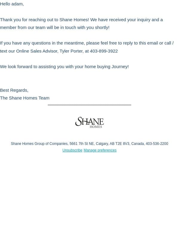 Thank You for Your Inquiry with Shane Homes email from Shane Homes screenshot