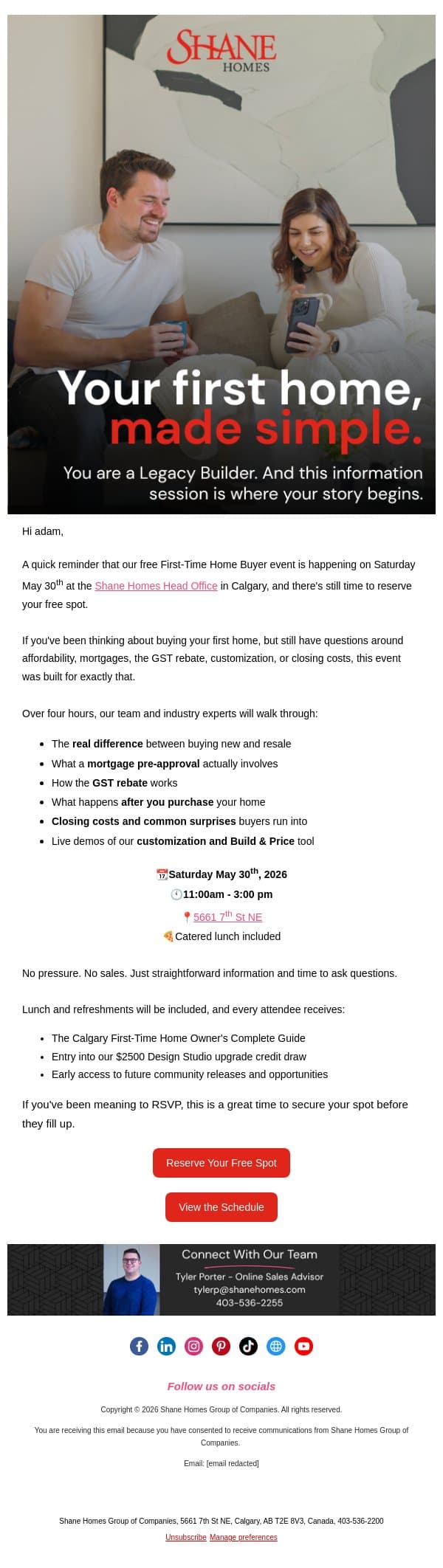 First-time home buyer? There's still time to RSVP. email from Shane Homes screenshot