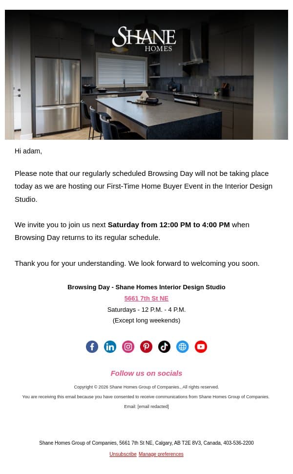 No Browsing Day May 30th email from Shane Homes screenshot