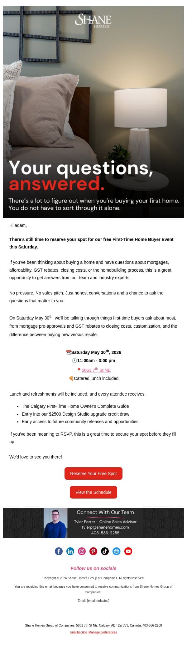 Last Chance to Register for Our First-Time Home Buyer Event email from Shane Homes screenshot