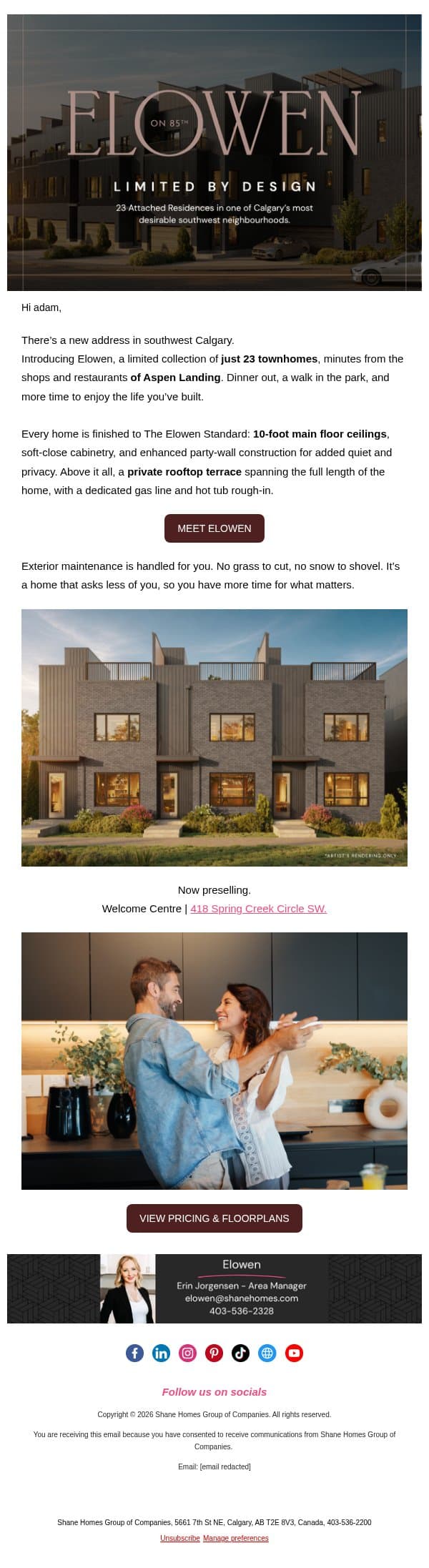 Introducing Elowen. Just 23 Townhomes. email from Shane Homes screenshot