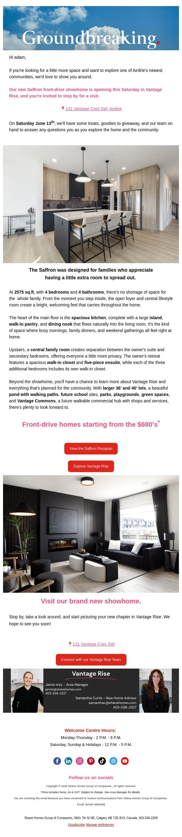 Brand New Showhome in Vantage Rise email from Shane Homes screenshot
