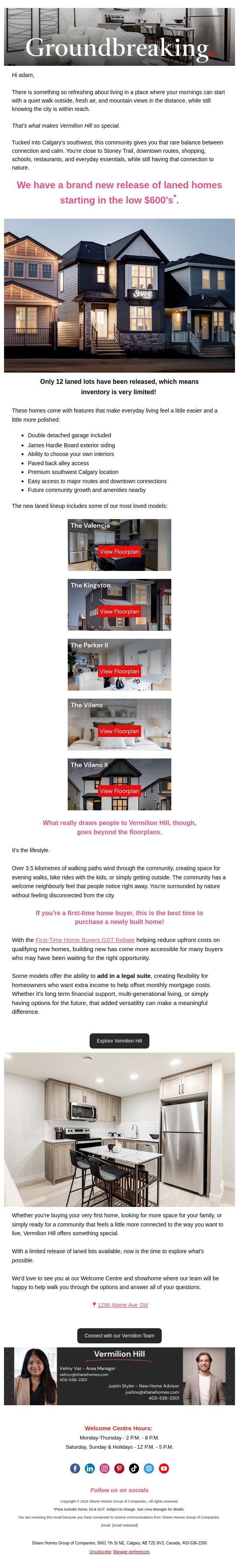 Limited Release of Laned Homes in Vermilion Hill! email from Shane Homes screenshot