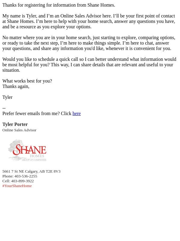 Thanks for registering with Shane Homes email from Shane Homes screenshot