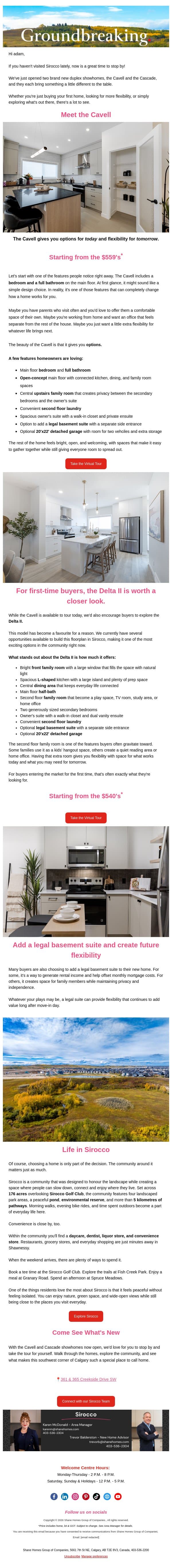 What's New in Sirocco? email from Shane Homes screenshot