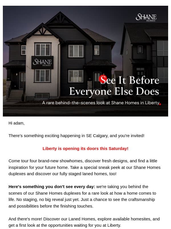 Liberty Is Opening! You're Invited email from Shane Homes