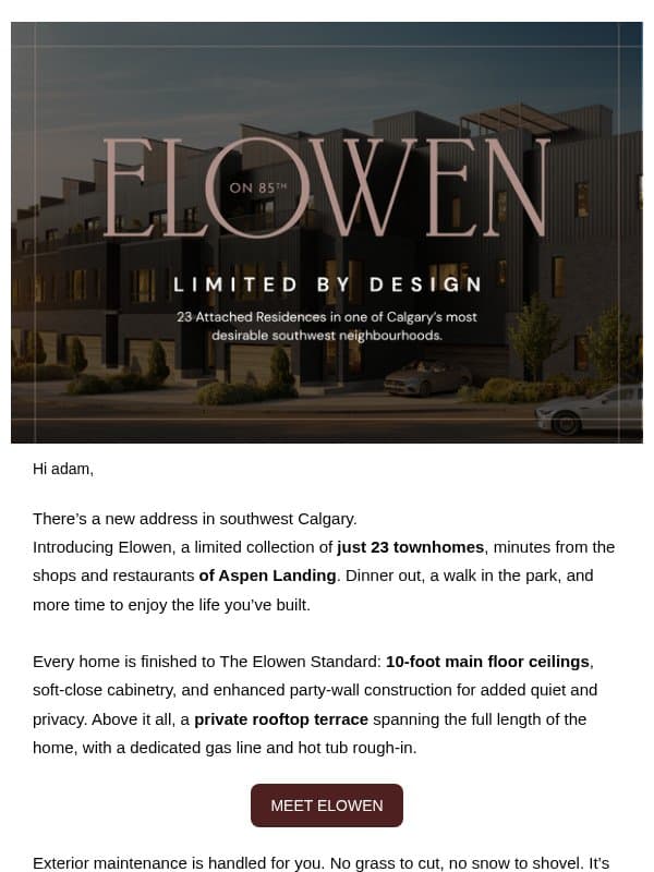 Introducing Elowen. Just 23 Townhomes. email from Shane Homes