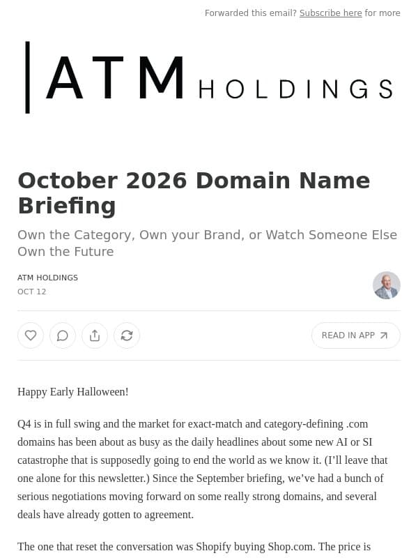 October 2026 Domain Name Briefing email from Shed