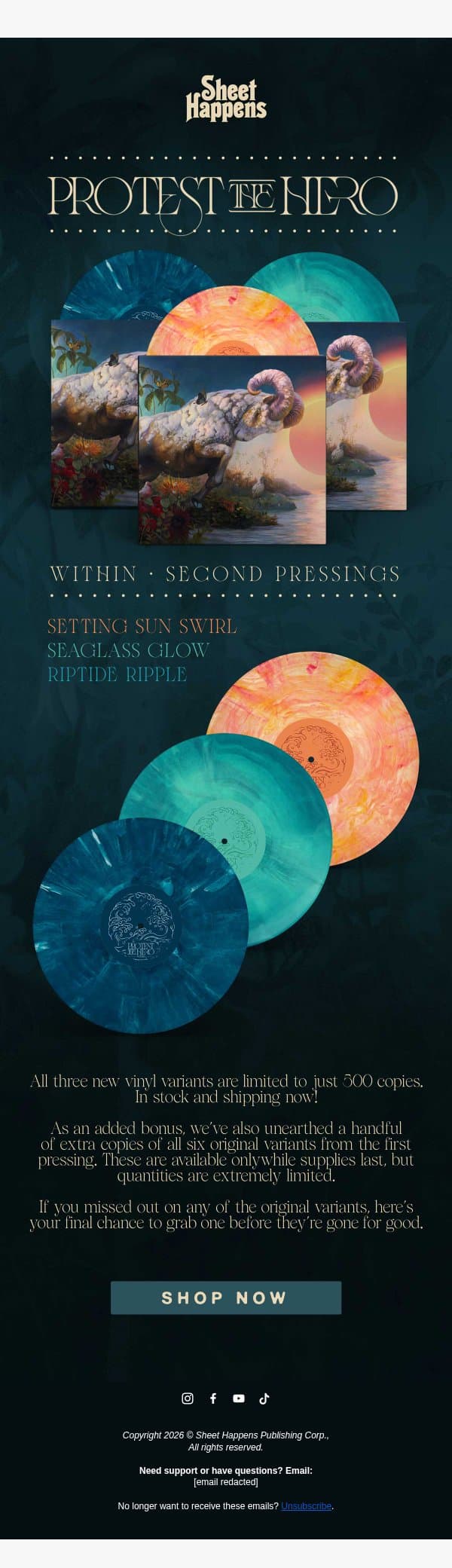 Protest the Hero - WITHIN - New Vinyl Pressings email from Sheet Happens screenshot