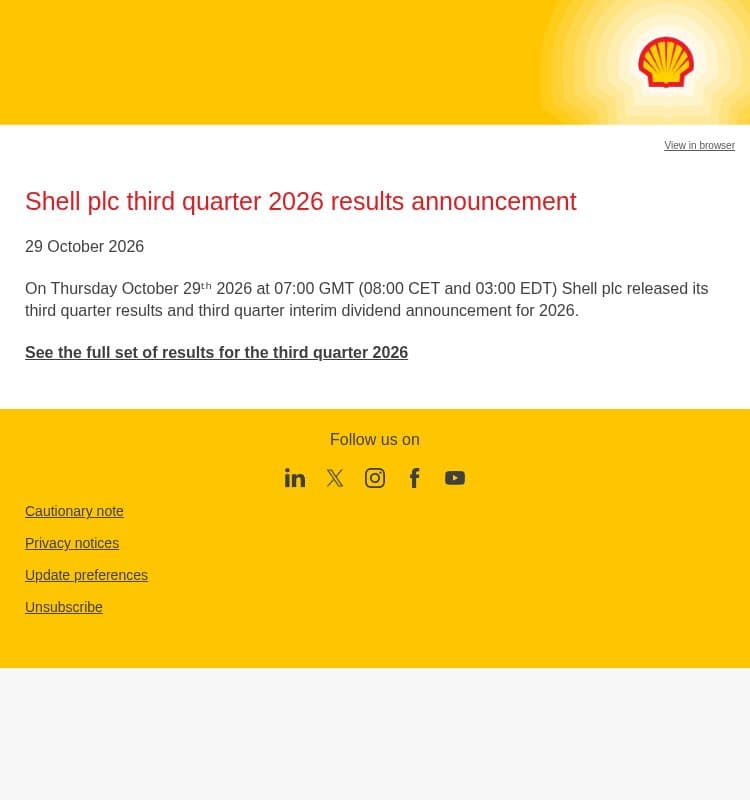 Shell plc third quarter 2026 results announcement email from Shell screenshot