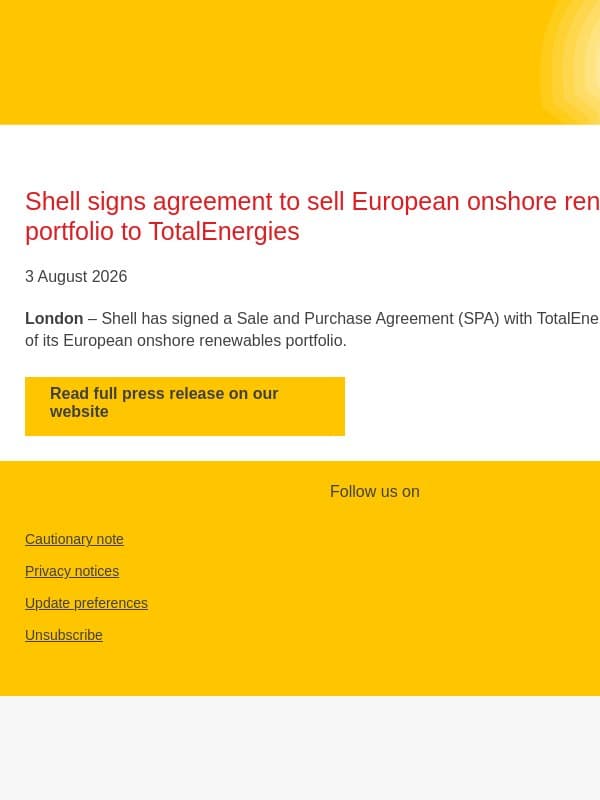 Shell signs agreement to sell European onshore renewables portfolio to TotalEnergies email from Shell