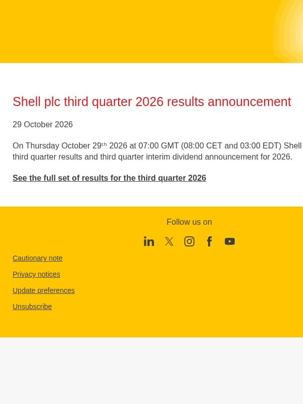 Shell plc third quarter 2026 results announcement email from Shell