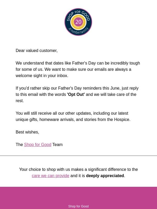 Want to skip Father's Day emails? email from Shop for Good