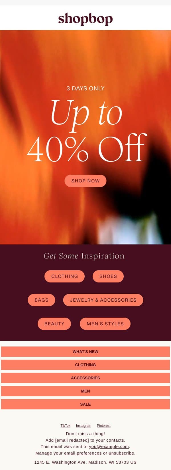 Up to 40% off (& so good) email from Shopbop screenshot