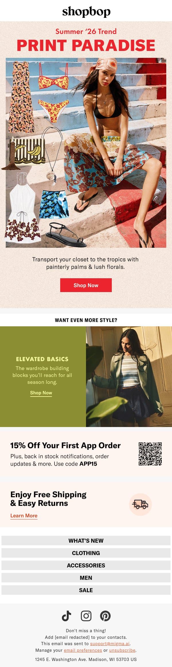 Welcome to print paradise email from Shopbop screenshot