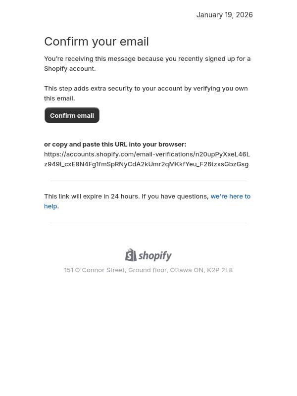 Verify your email address email from Shopify.com screenshot
