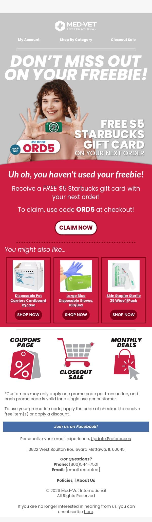 Your Free Coffee Awaits! email from ShopMedVet screenshot