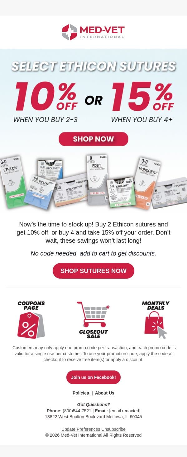 Buy More, Save More on Ethicon Sutures email from ShopMedVet screenshot