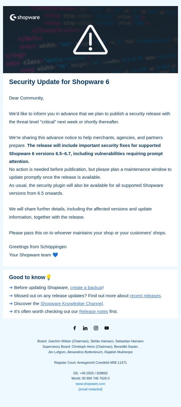 IMPORTANT: Upcoming Security Update for Shopware 6 email from Shopware screenshot