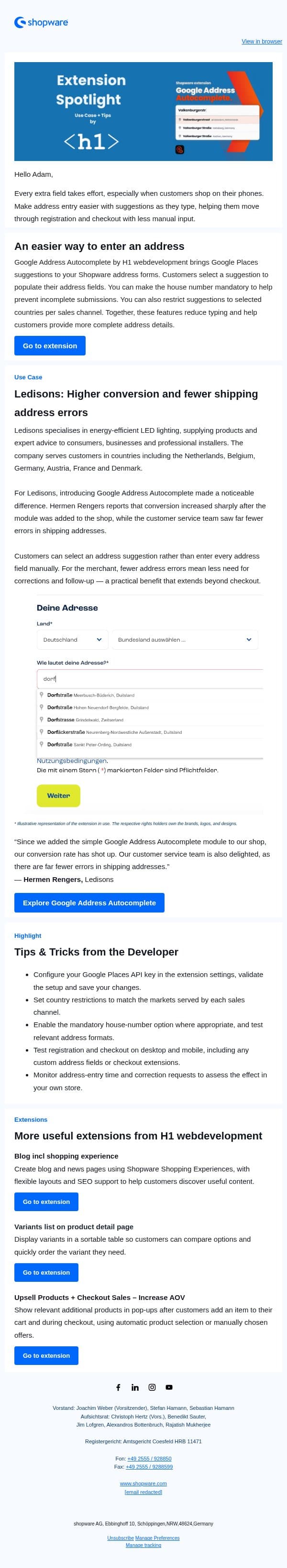Address errors? Fewer corrections. Less customer support. email from Shopware screenshot