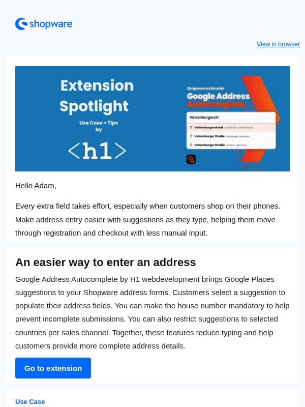 Address errors? Fewer corrections. Less customer support. email from Shopware
