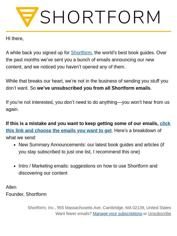Goodbye - resubscribe if you're interested email from Shortform