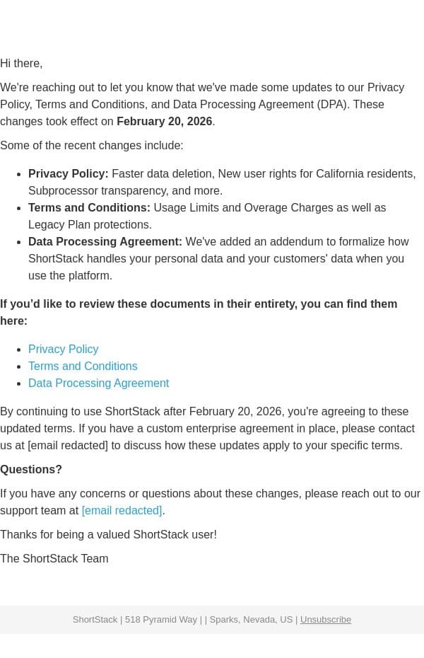We've made some updates to our Privacy Policy, Terms, and DPA email from Shortstack screenshot