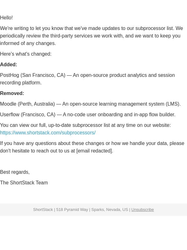 Update to Our Subprocessor List email from Shortstack screenshot