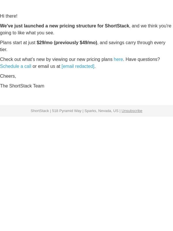 Our most affordable plans ever just launched email from Shortstack screenshot