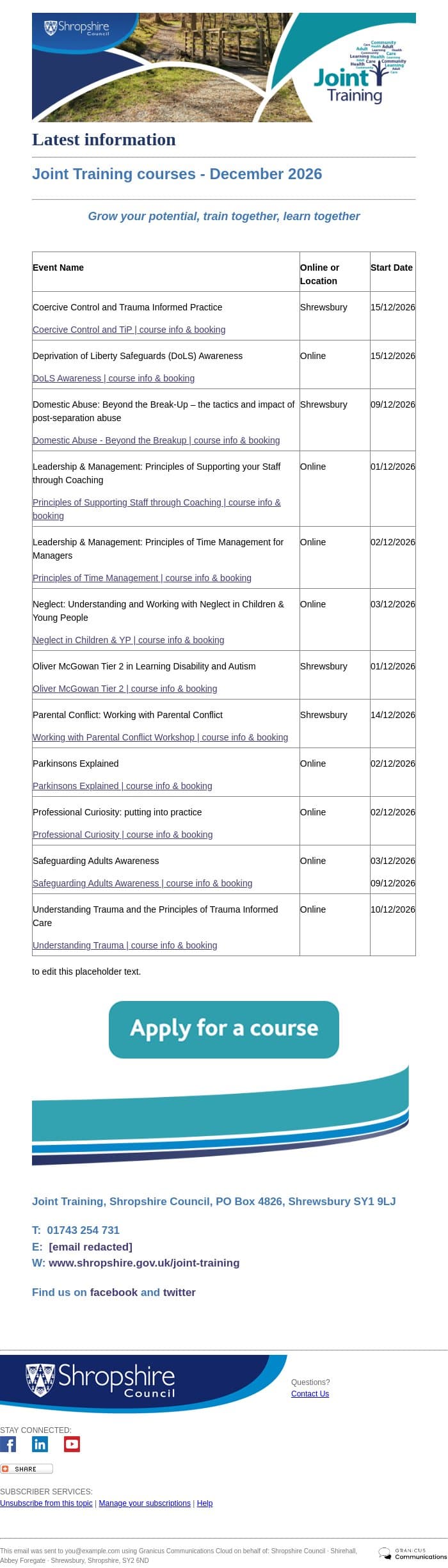 Joint Training - places available on December 2026 courses email from Shropshire Council screenshot