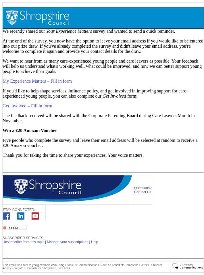 Your Experience Matters Survey – Prize Draw Reminder email from Shropshire Council screenshot
