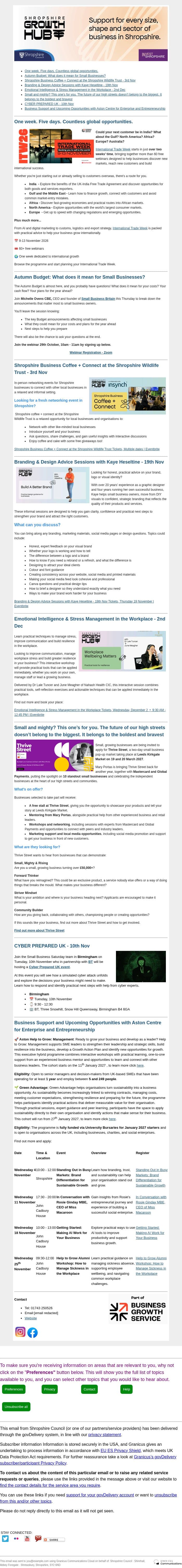 Hub Highlights: November Events & Opportunities email from Shropshire Council screenshot