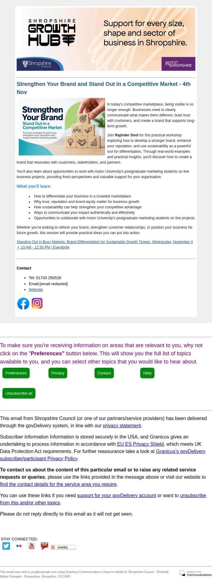 Standing Out in Busy Markets: Brand Differentiation for Sustainable Growth - 4th Nov - last chance to book email from Shropshire Council screenshot