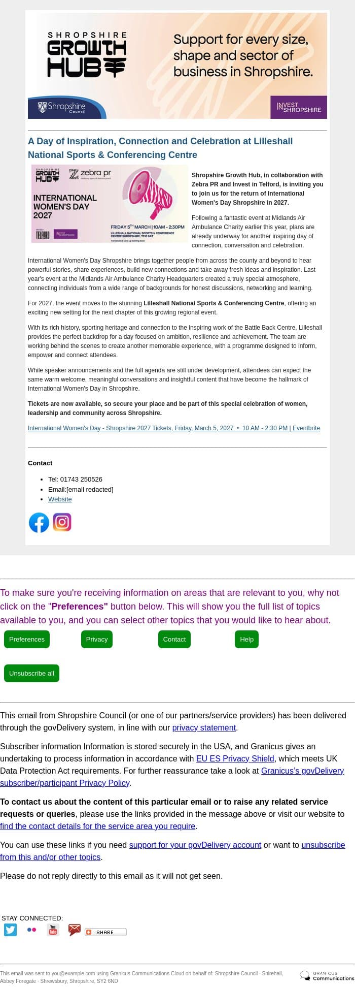 International Women's Day Shropshire Returns for 2027 email from Shropshire Council screenshot