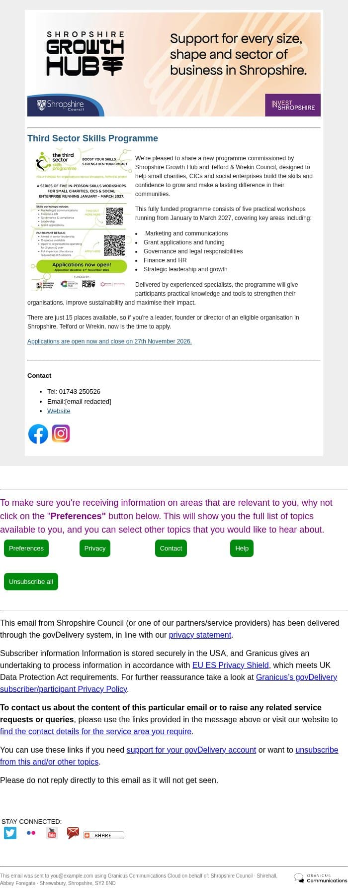 Grow Your Organisation, Strengthen Your Impact with Fully Funded Support from Shropshire Growth Hub email from Shropshire Council screenshot