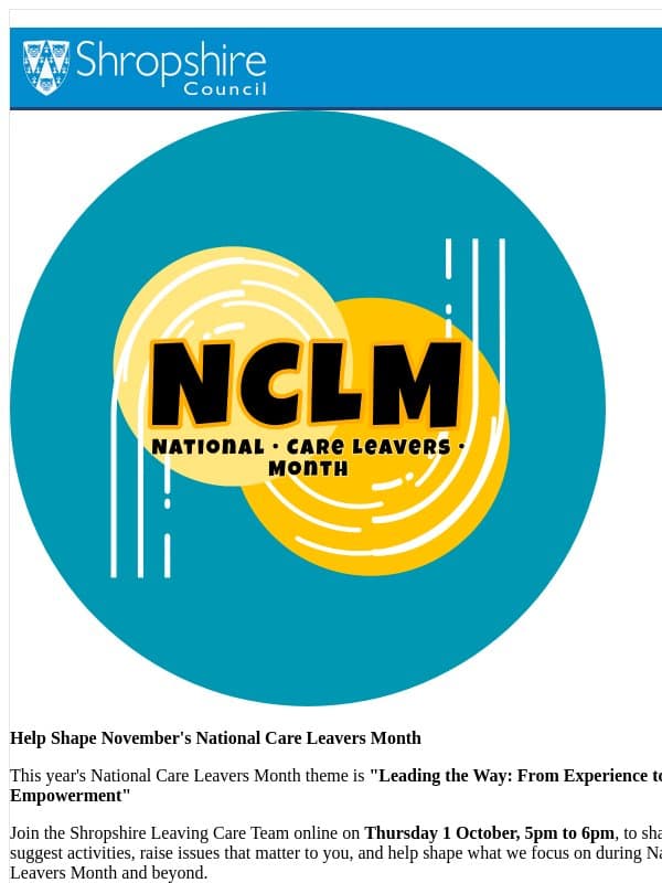 National Care Leavers Month 2026 email from Shropshire Council