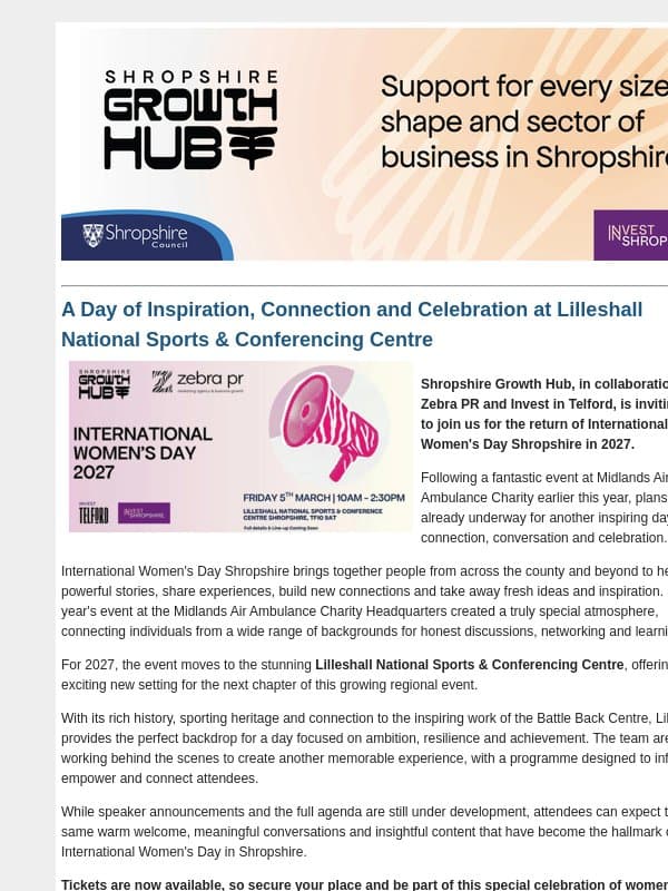 International Women's Day Shropshire Returns for 2027 email from Shropshire Council