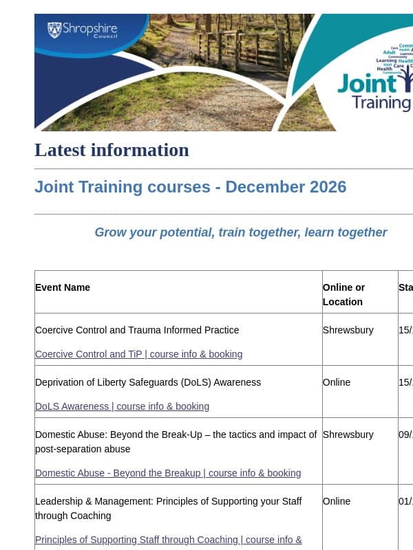 Joint Training - places available on December 2026 courses email from Shropshire Council
