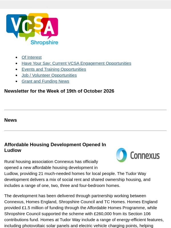 VCSA Newsletter Week of 19th October 2026 email from Shropshire Council