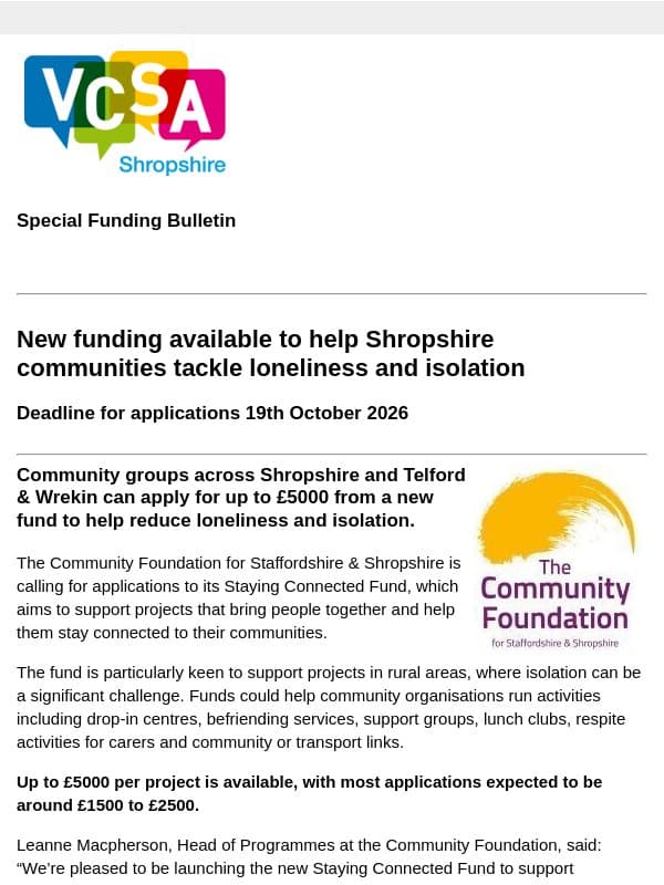 VCSA Special Bulletin - Funding Opportunity email from Shropshire Council