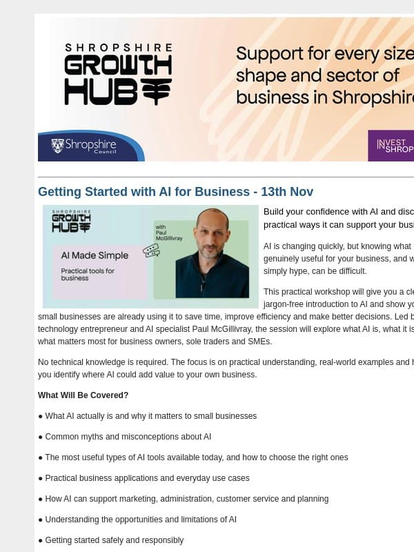 Two Practical AI Workshops for Shropshire Businesses - 13th & 26th Nov email from Shropshire Council