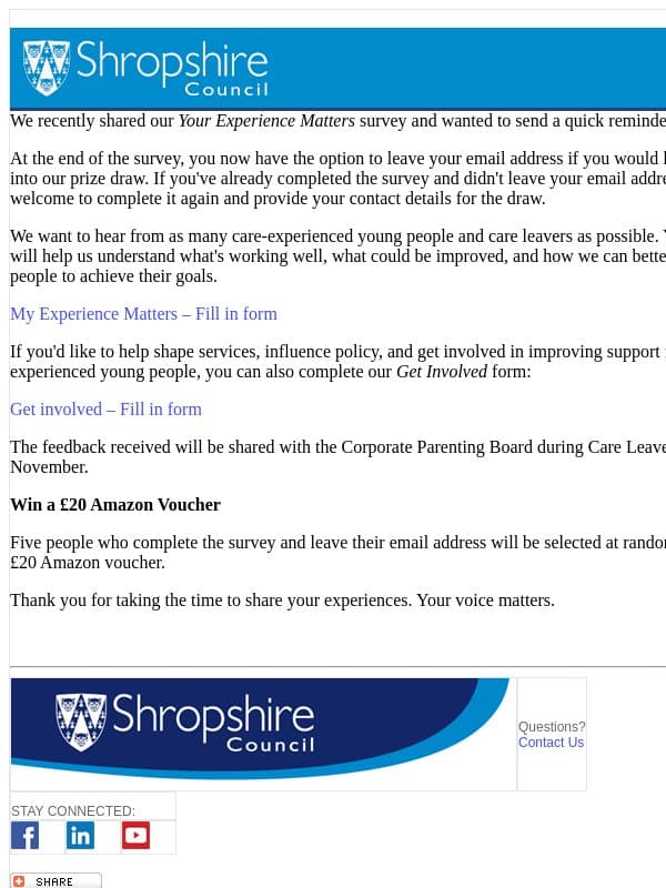 Your Experience Matters Survey – Prize Draw Reminder email from Shropshire Council